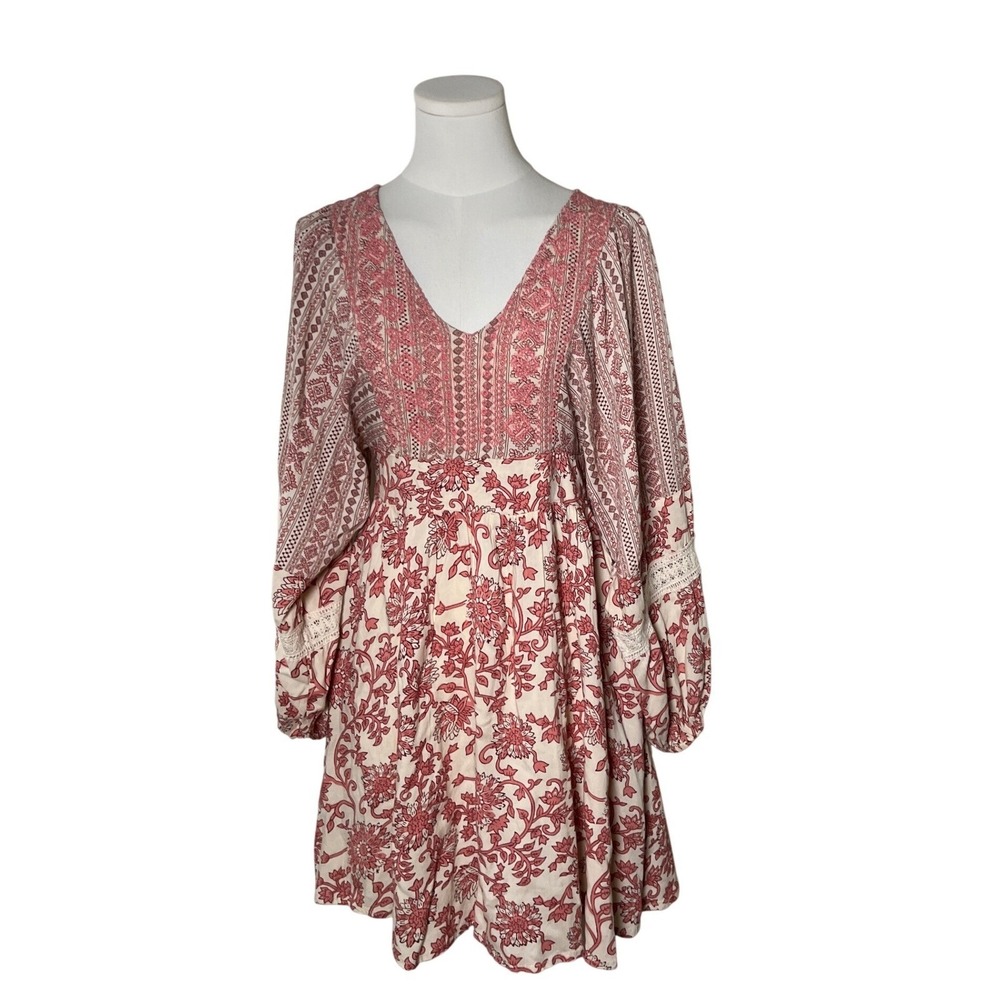 Sincerely Jules Floral‎ Boho Babydoll Dress Pink Cream Embroidered M